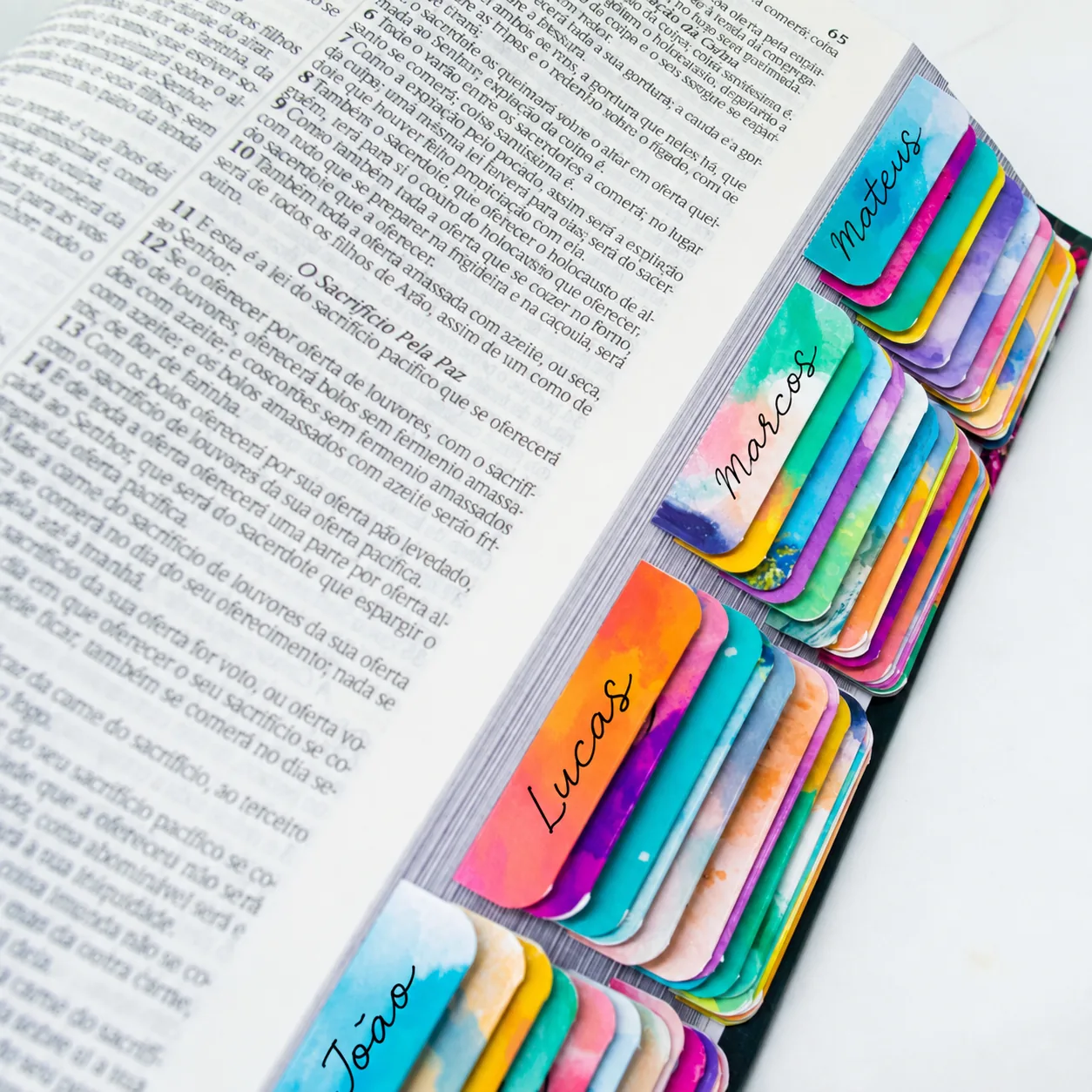 Abas coloridas aplicadas nos livros da Bíblia