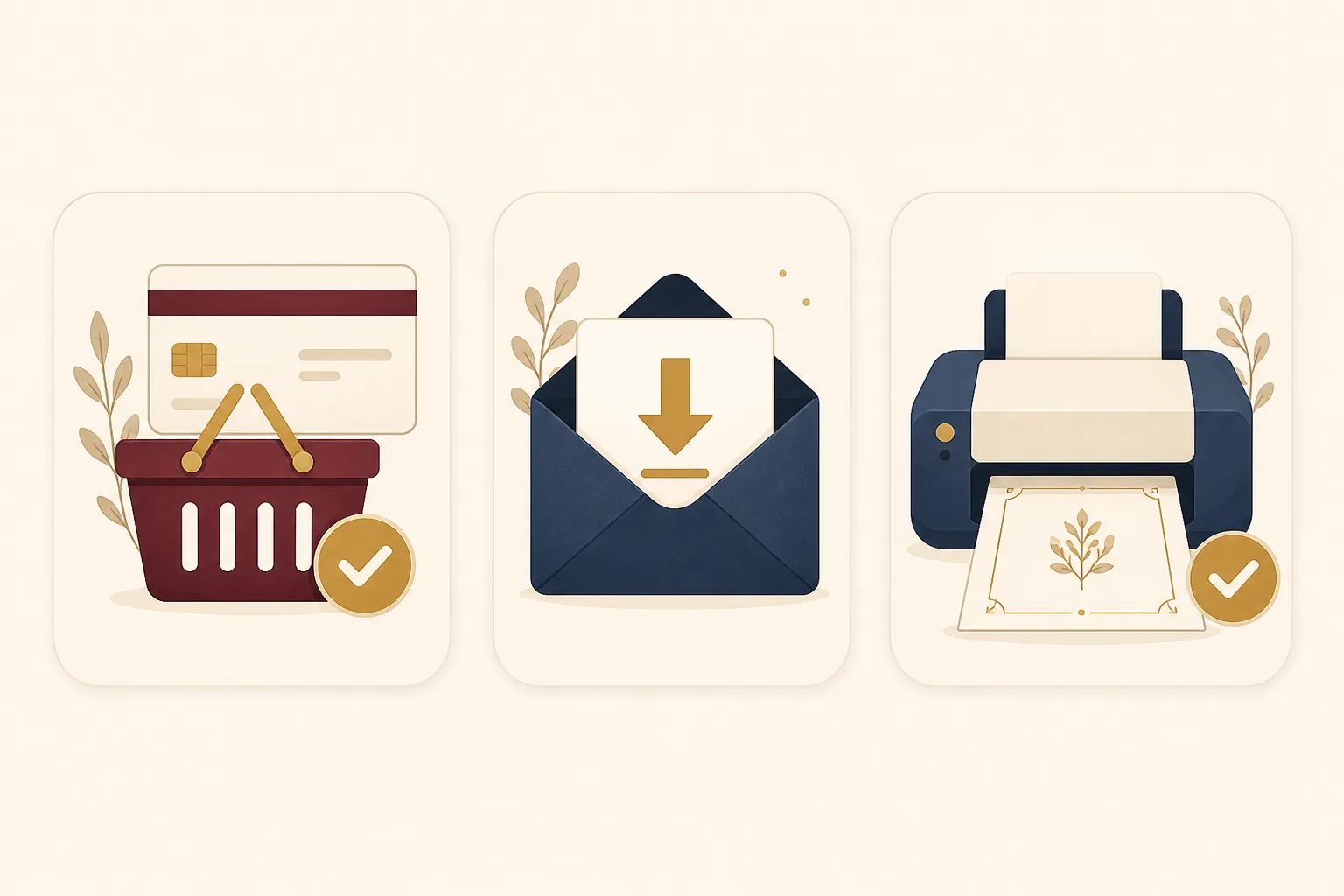 Ícones de compra, download por e-mail e impressão